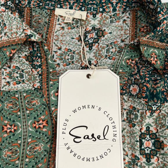 Easel Floral Earthy Geometric Babydoll Dress Sage Green Retro Flair Indie Sz 1X - Picture 9 of 11